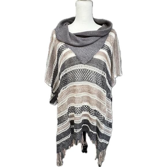 Democracy Cowl Neck Lagonlook Loose Poncho Women S Gray Ivory Black Tan Striped - Picture 1 of 13